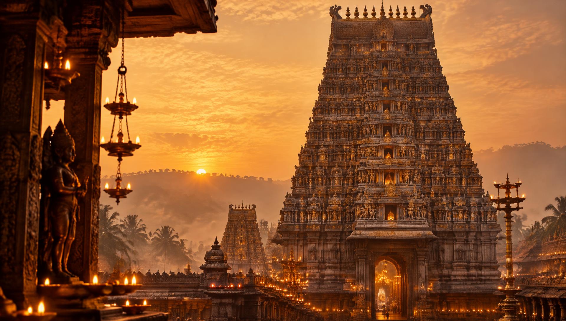 Temple gopuram glowing at dawn with rows of oil lamps