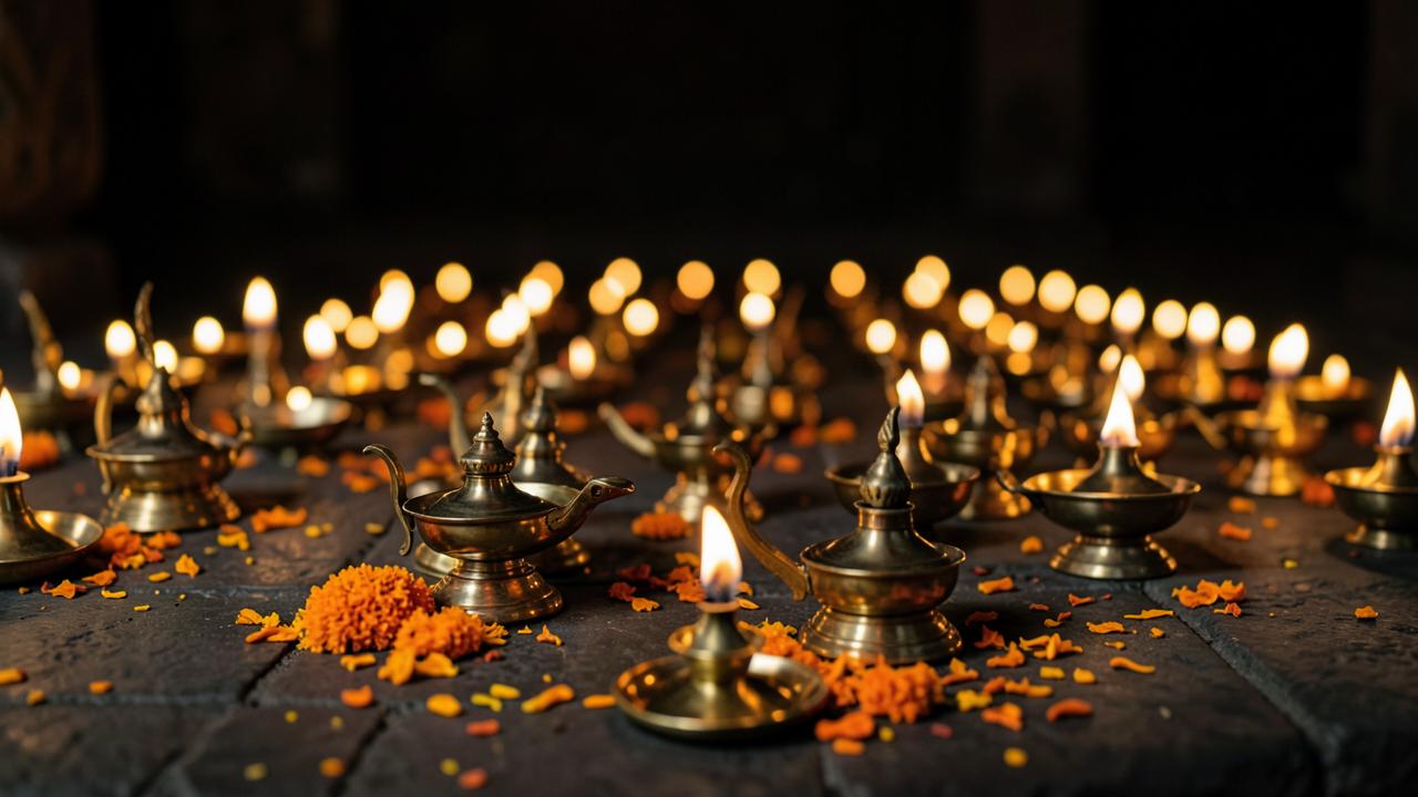 Rows of lit brass oil lamps on temple floor